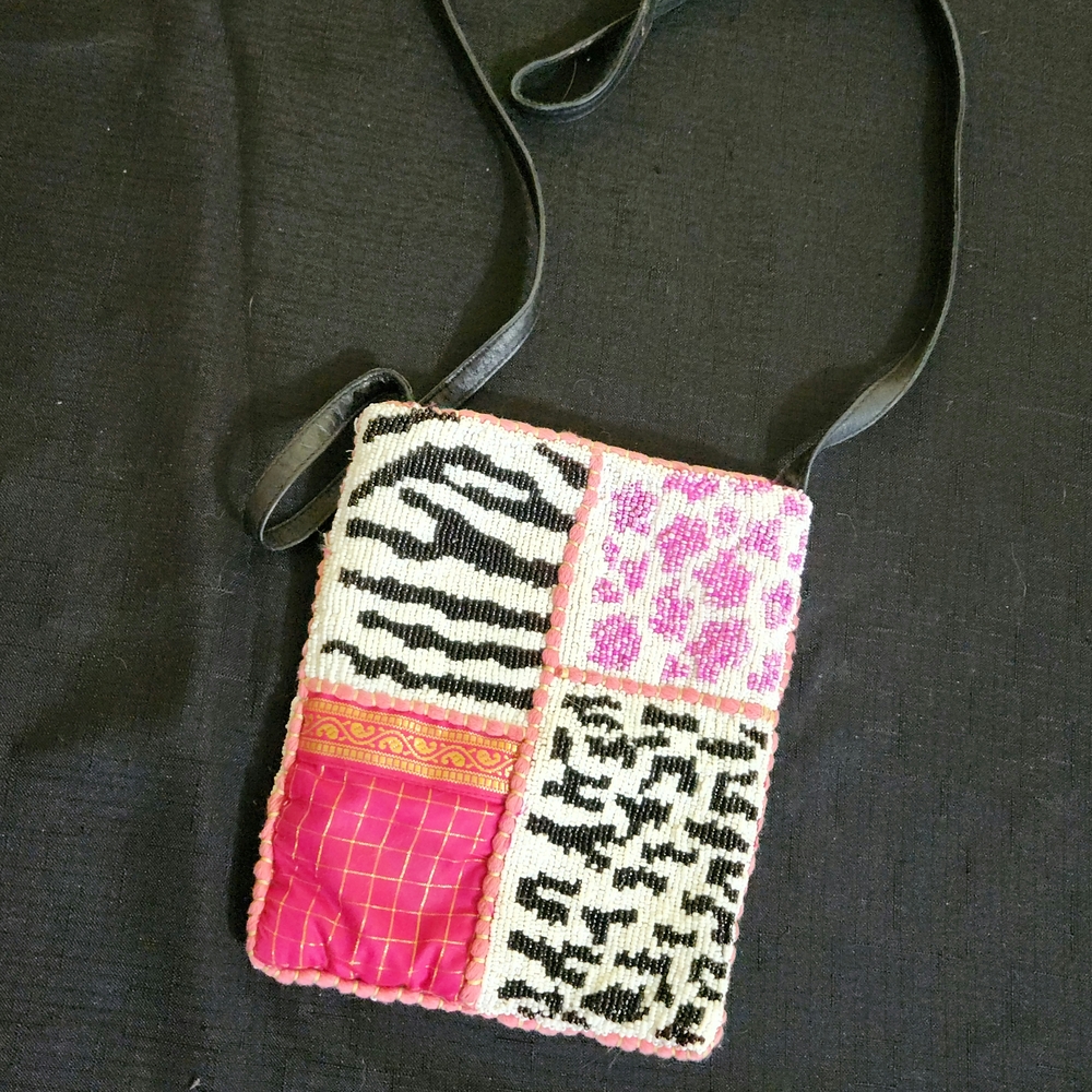 Christiana Pink and Black Beaded Patchwork Crossbody Bag